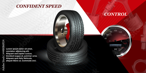 Car tires pile background. Stack of insulated tires. . Change a car tires from summer for winter. Realistic vector. Information. Store. Action.Landscape poster, digital banner, flyer.