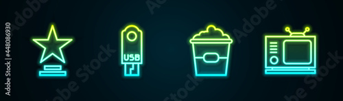 Set line Movie trophy, USB flash drive, Popcorn in box and Retro tv. Glowing neon icon. Vector