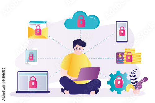 Man put protection on devices and cloud through laptop. Concept of digital access, online safety