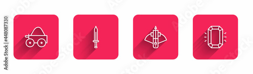 Set line Wooden four-wheel cart, Medieval sword, Battle crossbow with arrow and Diamond with long shadow. Red square button. Vector