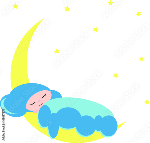 Vector illustration. A small newborn baby sleeps on the moon on a cloud pillow, carefully covered with a blanket of clouds, with space to insert text.
