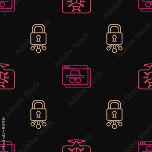 Set line System bug, Cyber security and Browser incognito window on seamless pattern. Vector