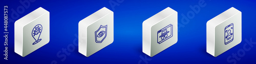 Set Isometric line System bug, Shield and eye, Browser incognito window and Mobile face recognition icon. Vector