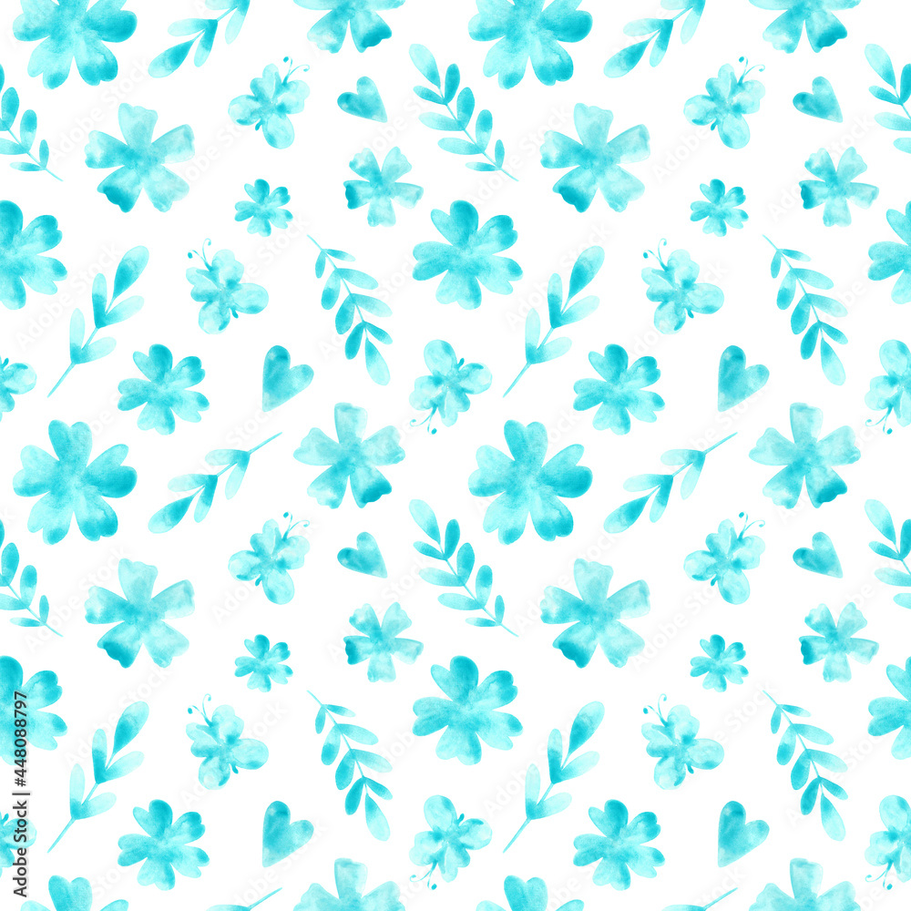Watercolor hand drawn light blue flowers, leaves and butterflies seamless pattern on white background. Blue abstract botanical repeat print for textile, fabric, wallpaper, wrapping paper, decoration. Watercolor hand drawn light blue flowers, leaves and butterflies seamless pattern on white background. Blue abstract botanical repeat print for textile, fabric, wallpaper, wrapping paper, decoration.