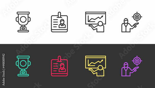 Set line Award cup, Identification badge, Training, presentation and Marketing target strategy on black and white. Vector