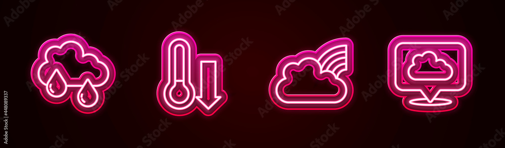 Set line Cloud with rain, Meteorology thermometer, Rainbow clouds and Location. Glowing neon icon. Vector Set line Cloud with rain, Meteorology thermometer, Rainbow clouds and Location. Glowing neon icon. Vector
