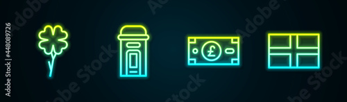 Set line Four leaf clover, London phone booth, Pound sterling money and Flag of England. Glowing neon icon. Vector