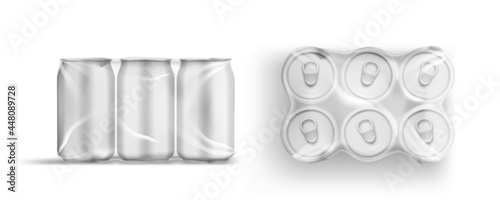 Tin Cans In Plastic Wrap. Jars Front And Top View