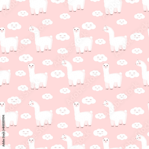 Fototapeta Naklejka Na Ścianę i Meble -  Seamless pattern with funny llama and clouds on a pink background. Vector illustration suitable for baby texture, textile, fabric, poster, greeting card, decor. Cute alpaca from Peru.