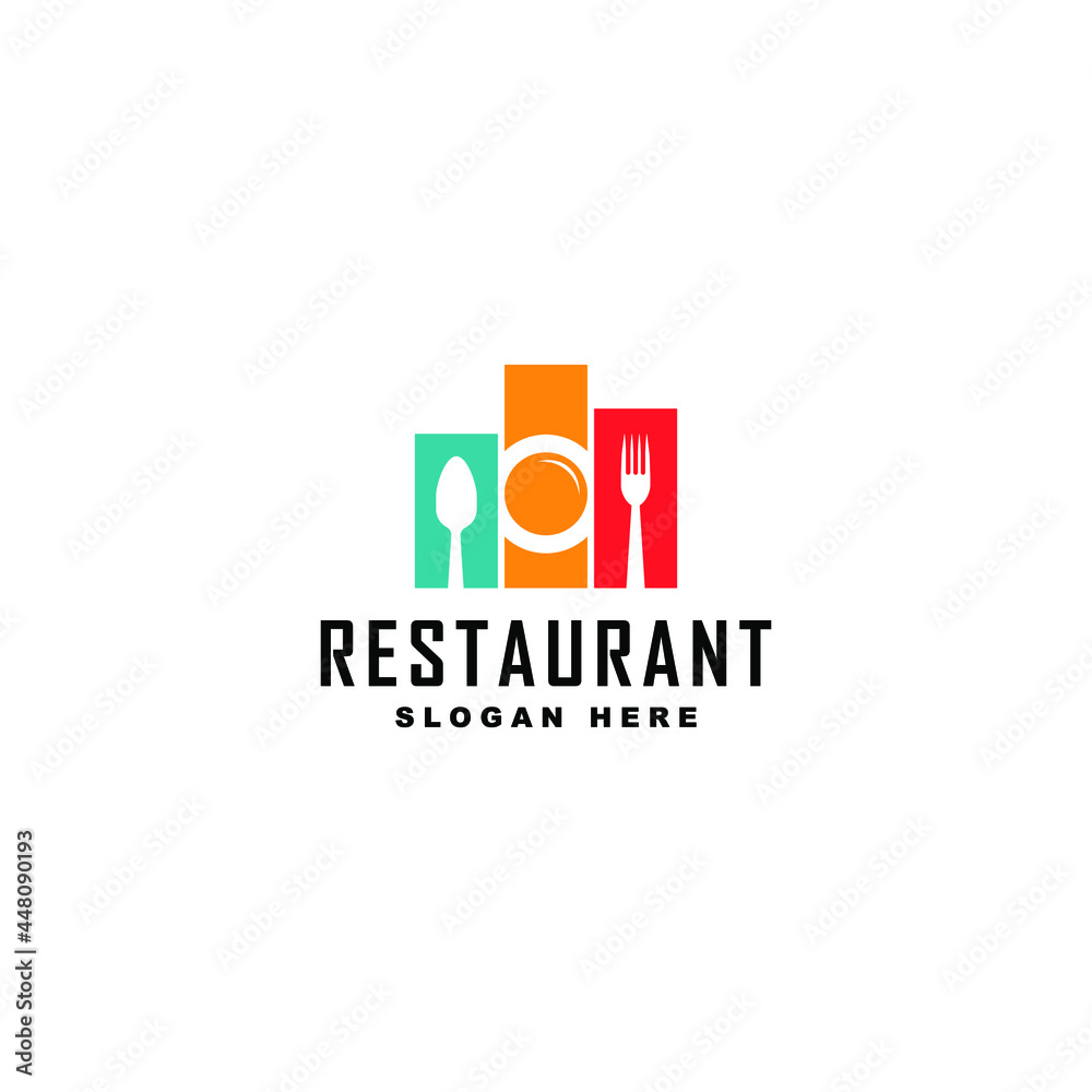 plate, spoon, and fork design on building shape for restaurant food logo design vector