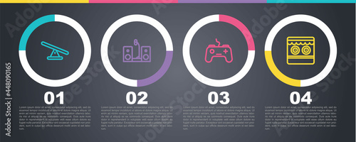 Set line Seesaw, Home stereo with two speakers, Gamepad and Shooting gallery. Business infographic template. Vector