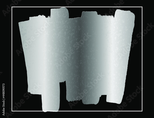 Silver brushstroke. Vector template for design. Stain of metallic paint on a black background. White frame. Metal texture. Silver paint. Empty blank for text. Stain of paint.