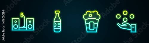 Set line Home stereo with two speakers, Bottle of water, Popcorn in box and Juggling ball. Glowing neon icon. Vector