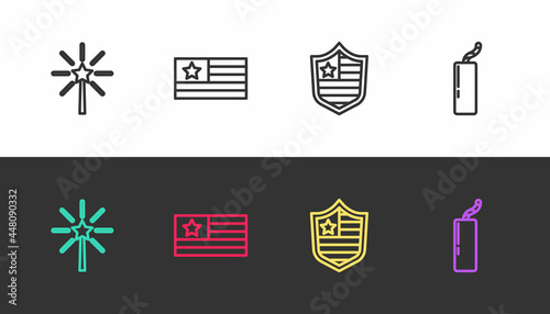 Set line Firework, American flag, Shield with stars and Dynamite bomb on black and white. Vector
