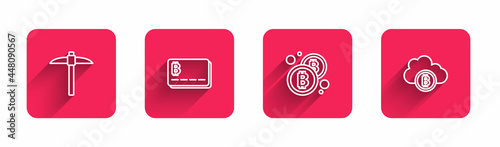 Set line Pickaxe, Credit card with bitcoin, Bitcoin and Cryptocurrency cloud mining with long shadow. Red square button. Vector