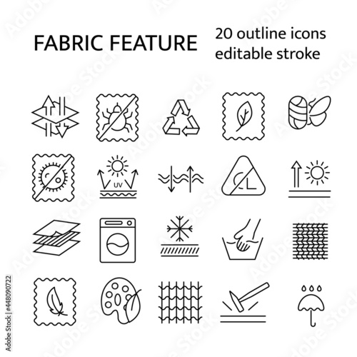 Fabric feature outline icons set. Textile industry. Different properties of fiber. Fiber quality. Material diversity.