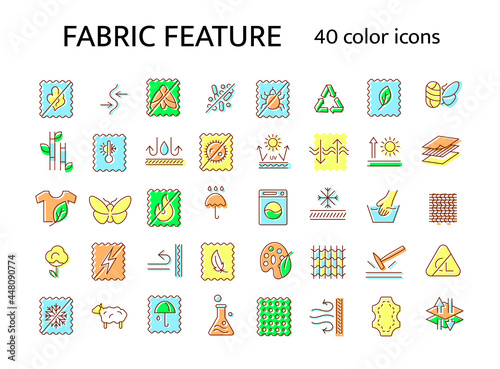 Fabric feature flat icon. Material quality. Fiber type. Textile industry. Windproof, fireproof. Insect resistant