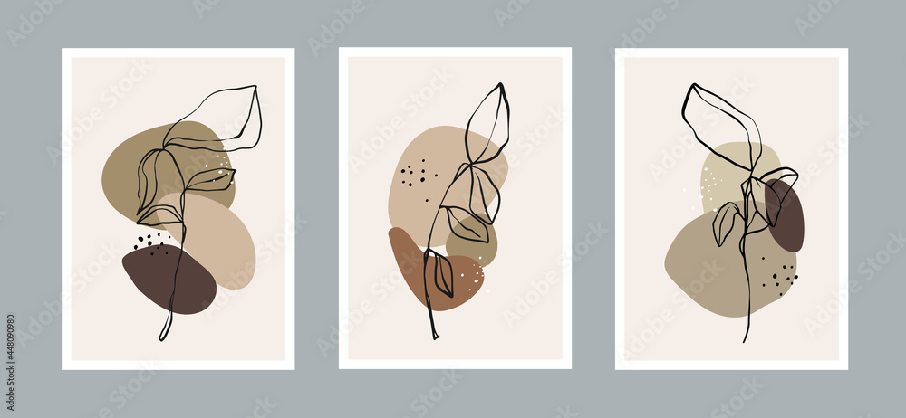 Modern abstract leaves line art background with different shapes for wall decoration, postcard or brochure cover design. Vector design