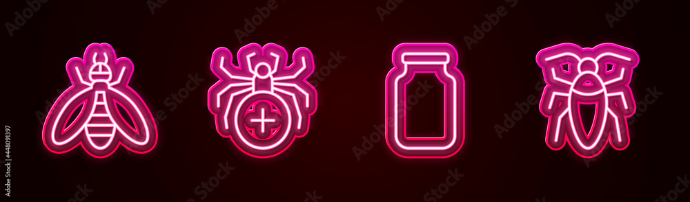Set line Bee, Spider, Glass jar and Cockroach. Glowing neon icon. Vector Set line Bee, Spider, Glass jar and Cockroach. Glowing neon icon. Vector