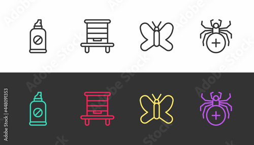 Set line Spray against insects, Hive for bees, Butterfly and Spider on black and white. Vector