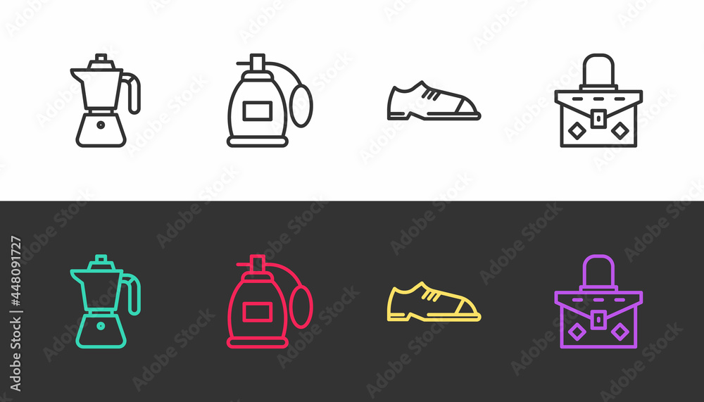 Set line Coffee moca pot, Perfume, Men shoes and Handbag on black and white. Vector Set line Coffee moca pot, Perfume, Men shoes and Handbag on black and white. Vector