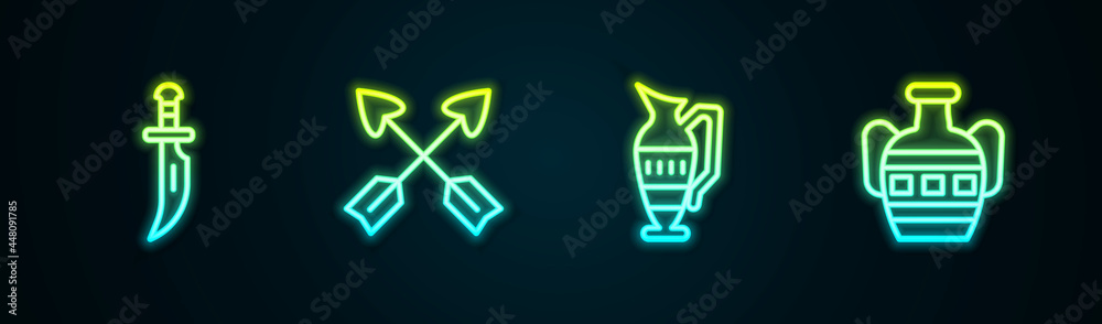 Set line Dagger, Crossed arrows, Ancient amphorae and . Glowing neon icon. Vector Set line Dagger, Crossed arrows, Ancient amphorae and . Glowing neon icon. Vector