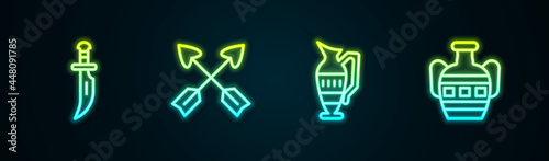 Set line Dagger, Crossed arrows, Ancient amphorae and . Glowing neon icon. Vector