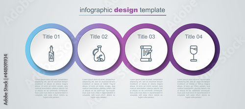 Set line Bottle of wine, olive oil, Decree, parchment, scroll and Wine glass. Business infographic template. Vector