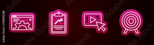 Set line Browser setting, Clipboard with graph chart, Advertising and Target sport. Glowing neon icon. Vector