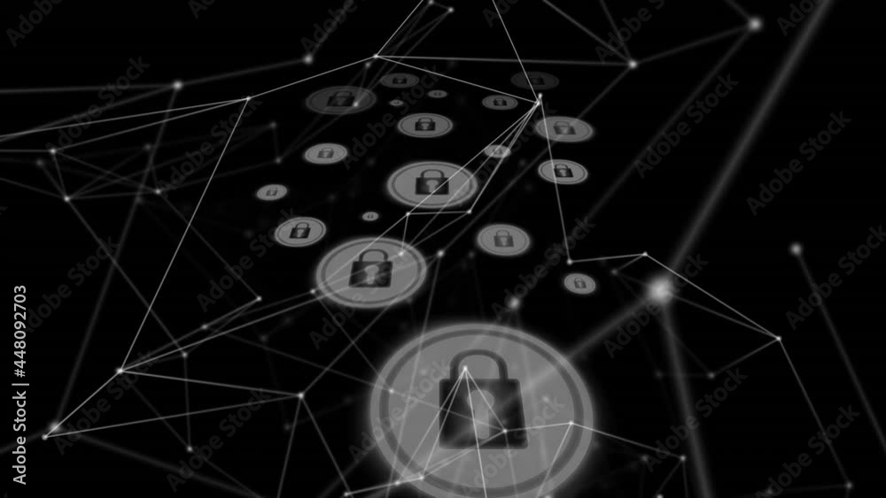 Digital animation of network of connections over multiple security padlock icons on black background Digital animation of network of connections over multiple security padlock icons on black background
