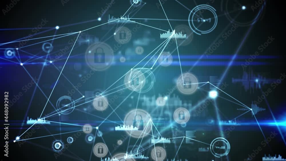 Digital animation of network of connections over multiple security padlock icons on green background Digital animation of network of connections over multiple security padlock icons on green background