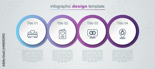 Set line Bedroom, Greeting card, Wedding rings and . Business infographic template. Vector