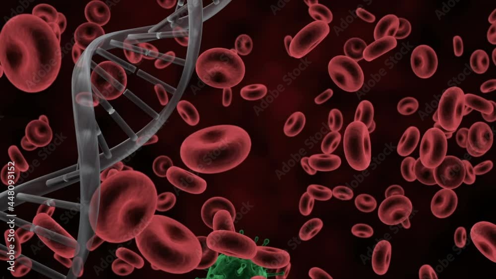 Digital animation of dna structure and covid-19 cell over blood vessels against red background Digital animation of dna structure and covid-19 cell over blood vessels against red background