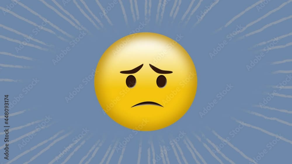 Digital animation of sad face emoji against moving radial rays on blue background Digital animation of sad face emoji against moving radial rays on blue background