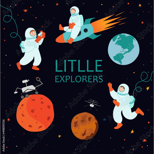 The vector illustration of kids-astronauts, rockets, planets. Cute characters in the background of the starry sky. The illustration for kids books, cards, or posters. 