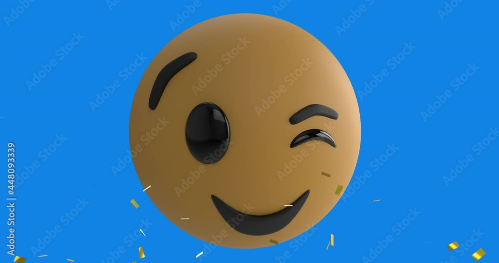 Digital animation of golden confetti falling over winking face emoji against blue background Digital animation of golden confetti falling over winking face emoji against blue background