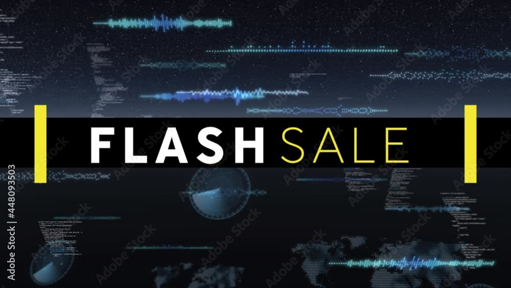 Digital animation of flash sale text banner against multiple round scanners and data processing Digital animation of flash sale text banner against multiple round scanners and data processing