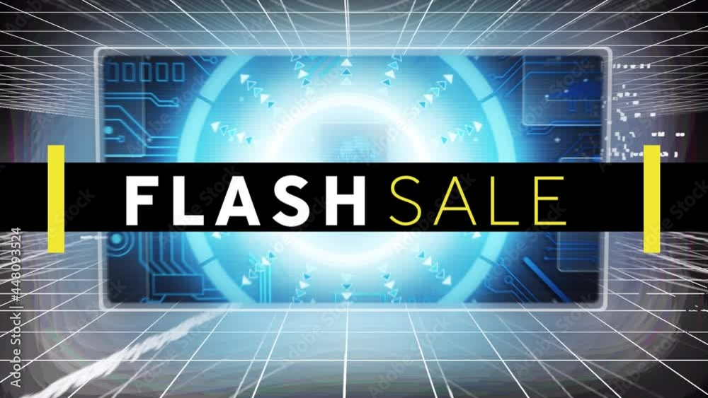 Digital animation of flash sale text banner against multiple round scanners and data processing Digital animation of flash sale text banner against multiple round scanners and data processing