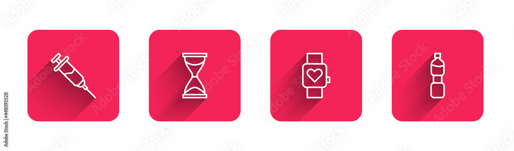 Set line Doping syringe, Old hourglass, Smart watch and Bottle of water with long shadow. Red square button. Vector Set line Doping syringe, Old hourglass, Smart watch and Bottle of water with long shadow. Red square button. Vector