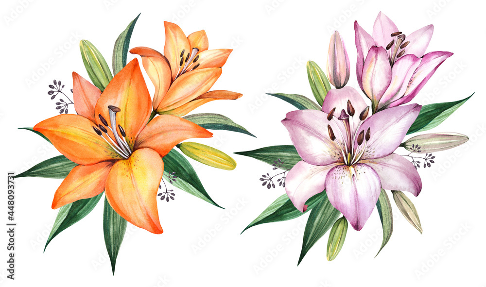 Pink and yellow lilies on a white background. Spring bouquet of lilies. Garden flowers. Watercolor illustration. - obrazy, fototapety, plakaty 
