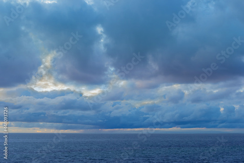 Blue fluffy clouds in the sky. Santa Cruz de Tenerife, Spain’s Canary Island 