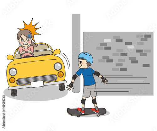 道路でスケートボードをして車の前に飛び出てしまった男の子