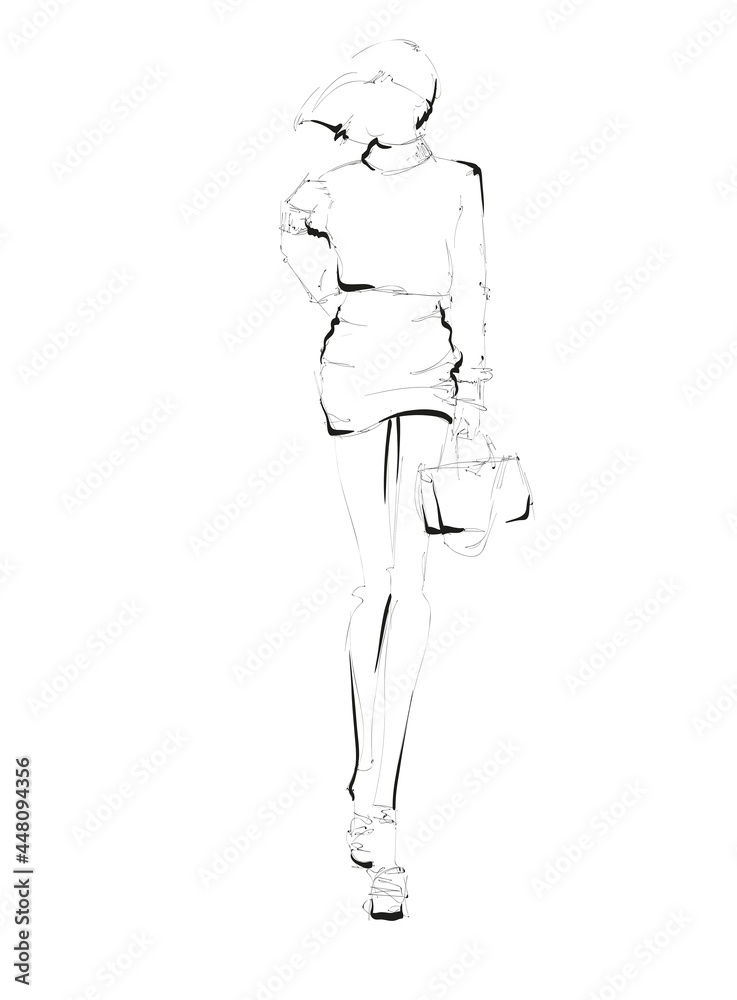 Fototapeta premium Young beautiful woman in summer clothes. Sale concept. Hand-drawn fashion illustration
