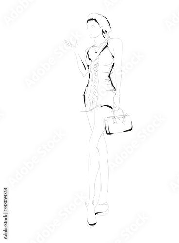 Young beautiful woman in summer clothes. Sale concept. Hand-drawn fashion illustration