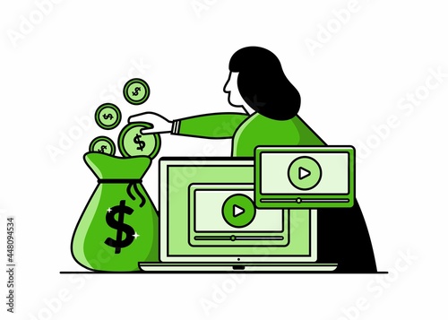Video content monetization vector illustration. Making money from vlog. Online business in social media.