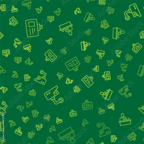 Set line Identification badge, Security camera and Hotel reception desk on seamless pattern. Vector