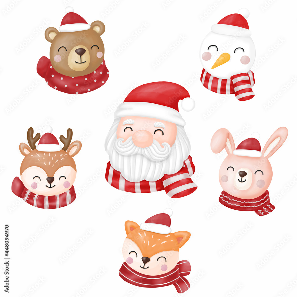 Fototapeta premium Santa & Animals Clipart, merry christmas, Digital painting