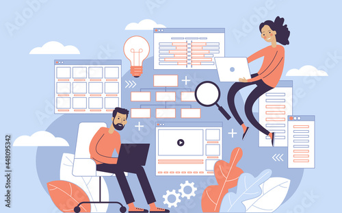 Website architecture concept. PHP and MySql. CMS content management system. Web development. Software testing. Interface design,