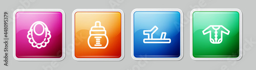 Set line Baby bib, bottle, shoes and clothes. Colorful square button. Vector