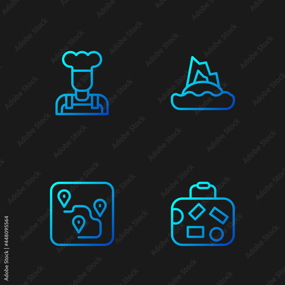 Set line Suitcase, Route location, Cook and Tropical island in ocean. Gradient color icons. Vector Set line Suitcase, Route location, Cook and Tropical island in ocean. Gradient color icons. Vector